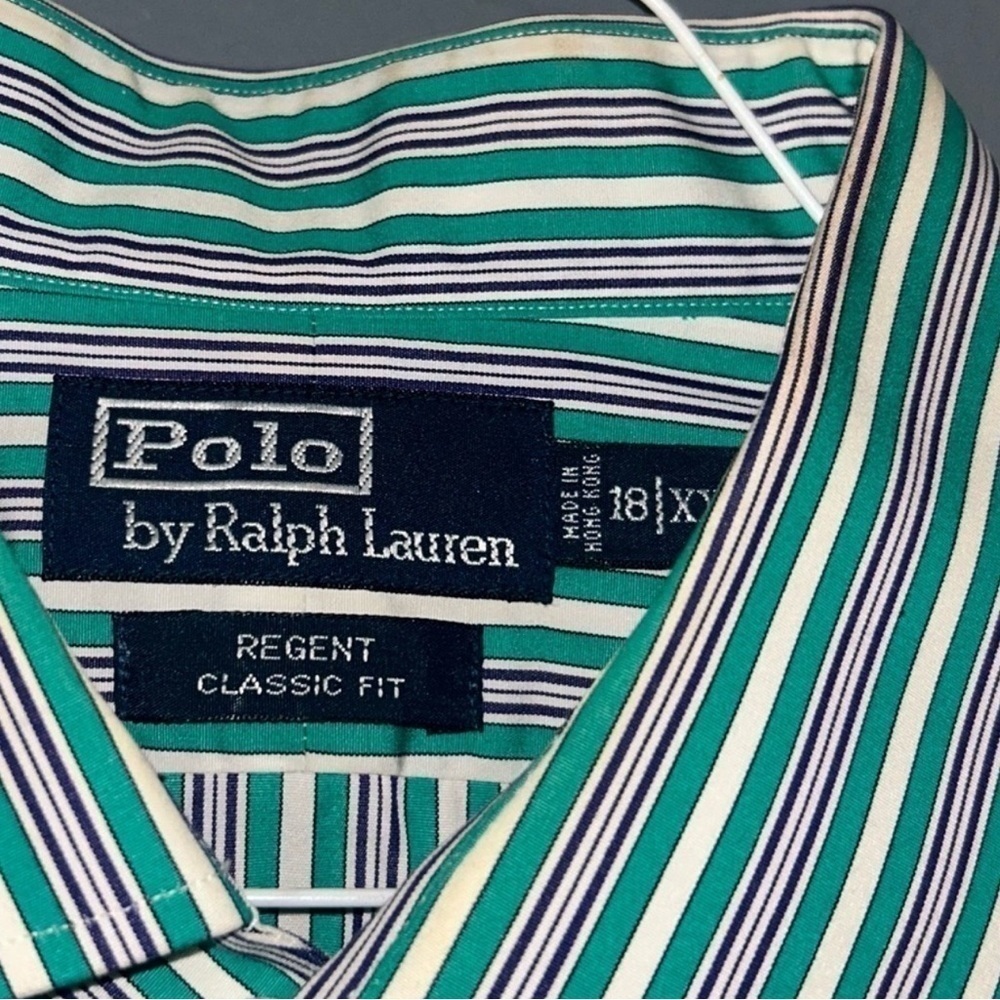 Ralph Lauren Polo Long Sleeve Button XL Regent Classic Fit Collard Green Striped - Picture 3 of 6